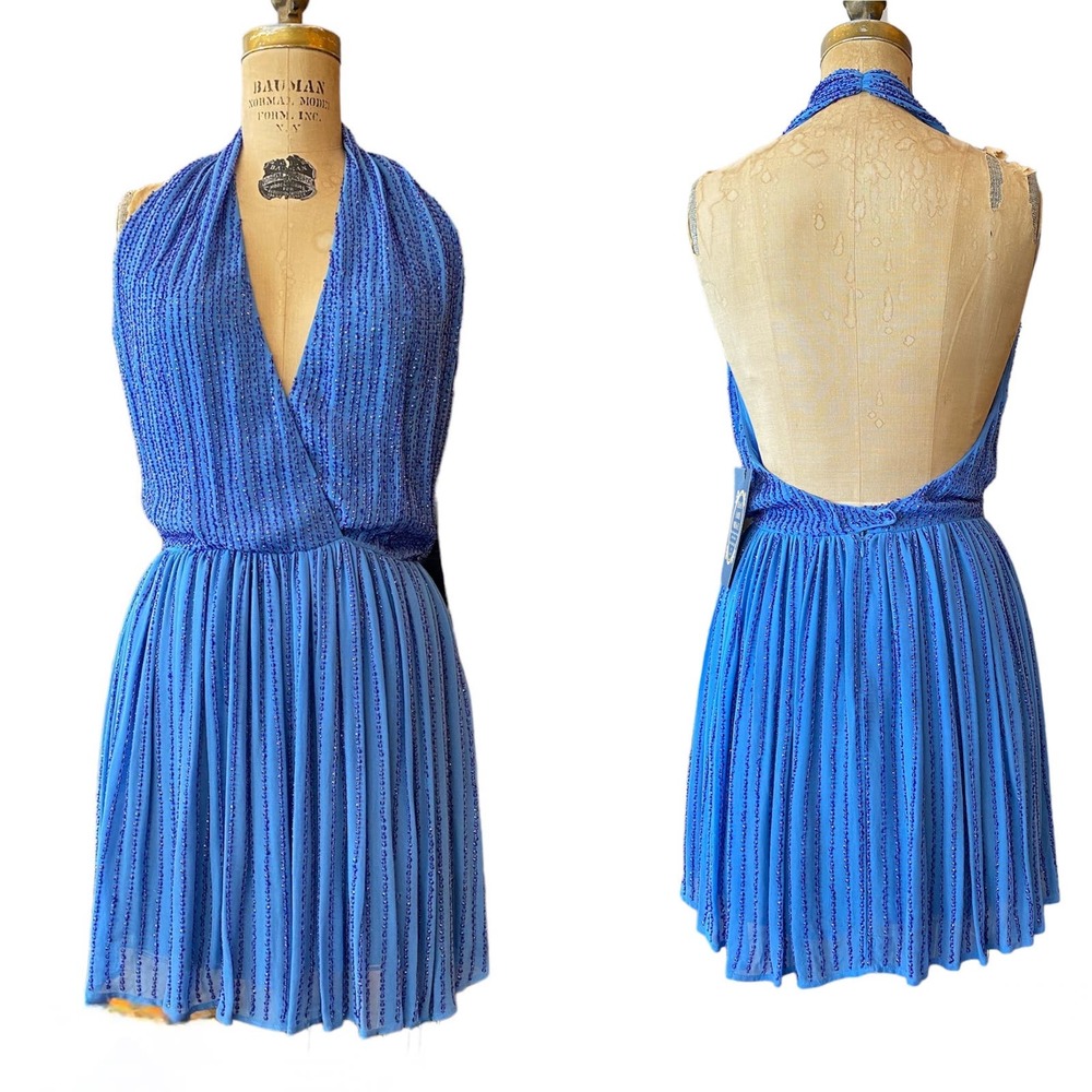 beaded blue silk mini dress, free people, backless cocktail dress, halter, small